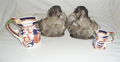 Lot 10 - A pair of Staffordshire horses and two ironstone jugs
