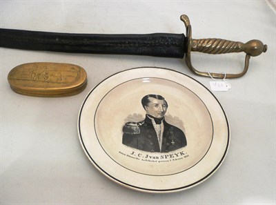 Lot 17 - 19th century Wedgwood cream ware plate depicting J C J Van Speyk, a brass mounted sword and...