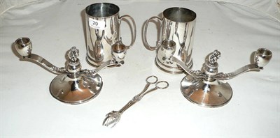 Lot 29 - Pair of Danish plated candlesticks by S. Christian, two tankards and a pair of nips