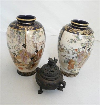Lot 33 - A pair of Japanese satsuma vases and bronze censor
