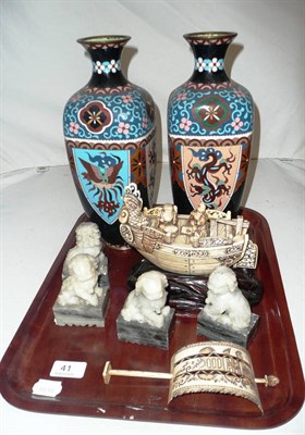 Lot 41 - Pair of cloisonne vases, carved bone galleon with figures on a stand and four Dogs of Fo