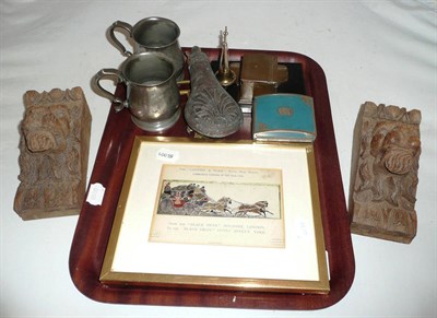 Lot 42 - Copper shot flask, framed stevengraph 'The London & York Royal Mail Coach', pewter tankards,...