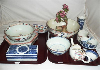 Lot 43 - A quantity of Chinese porcelain including a rectangular lidded box, tea bowls, a vase etc (damages)