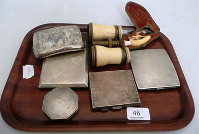 Lot 46 - Four silver cigarette cases, a compact, a pair of opera glasses, Meerschaum pipe etc 15oz weighable