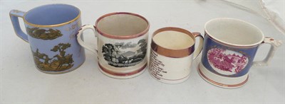 Lot 51 - 19th century pearl ware mug with oval pink lustre panels of deers, another pink lustre rim, pottery