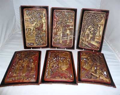 Lot 55 - Six carved Chinese wood panels in 19th century style, partly gilded, 20th century