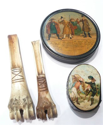 Lot 103 - 19th century papier mache snuff box and cover, a later snuff box and two carved bone corers