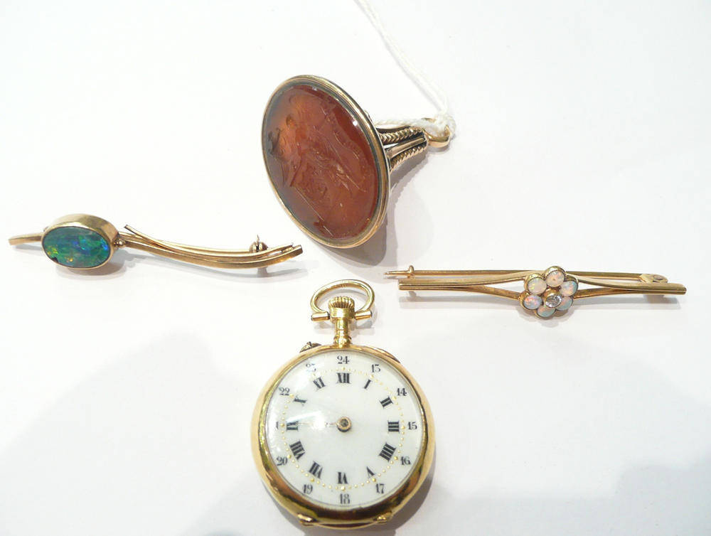 Lot 104 - Two bar brooches, a lady's fob watch and a seal