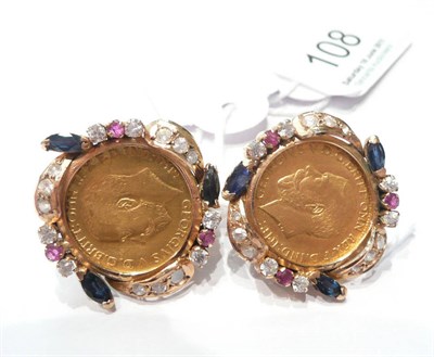 Lot 108 - A pair of gem-set half sovereign earrings (a.f.)