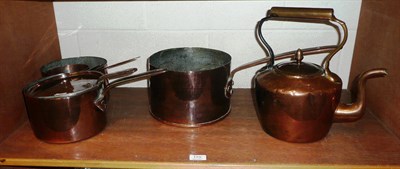 Lot 170 - Four copper pans and a copper kettle