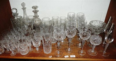 Lot 171 - Shelf of assorted cut glassware, decanters and stoppers etc