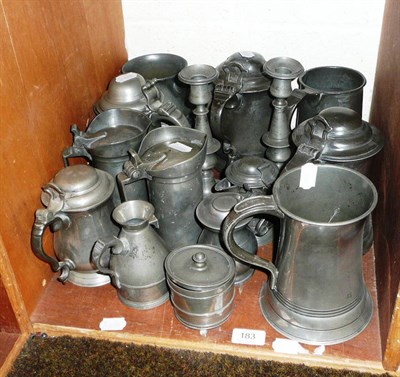 Lot 183 - A quantity of pewter ware including pair of candle sticks, tankards, livid flagons etc