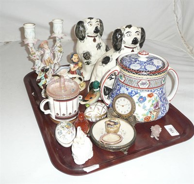Lot 186 - Pair of Staffordshire black and white spaniels, Continental figural candlestick, Hummel figures and