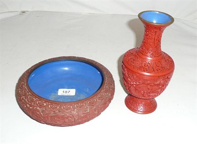 Lot 187 - A cinnabar lacquer shallow bowl and a vase