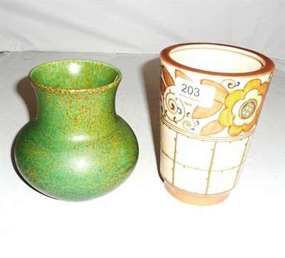 Lot 203 - A Charlotte Rhead bucket shaped vase and a Lancastrian vase (one vase a.f.)