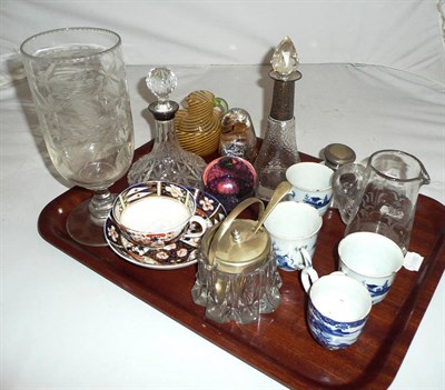 Lot 206 - Tray including four 18th century Chinese cups, etched glass celery vase, two silver collared...