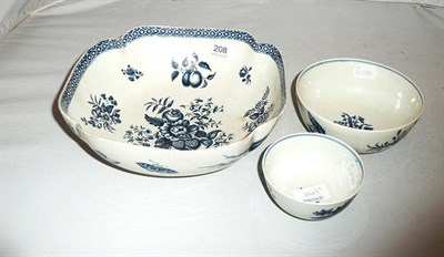 Lot 208 - Worcester 18th century shaped bowl decorated with butterflies and snails and two smaller bowls