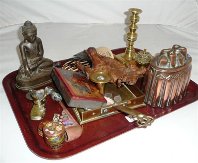 Lot 241 - Copper jelly mould, brass inkwell, brass chamberstick, other metalwares, hair combs and coins...