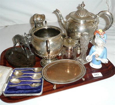 Lot 243 - Silver mug, three piece plated tea set and sundry