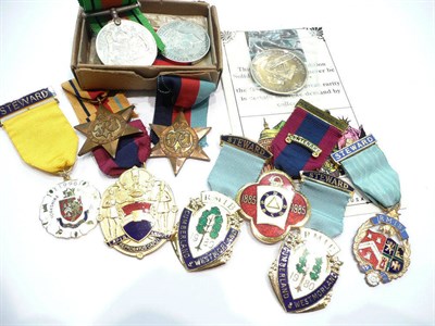 Lot 269 - A Second World War group of four medals in cardboard box of issue, six Masonic jewels and a Masonic