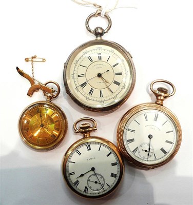 Lot 270 - A fob watch stamped '10c', two gold plated pocket watches and a silver pocket watch