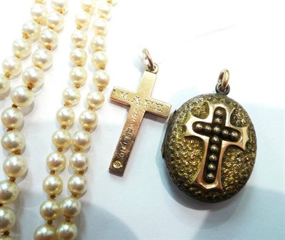 Lot 285 - A cross pendant, a cross motif locket, a cultured pearl necklace and a simulated pearl necklace