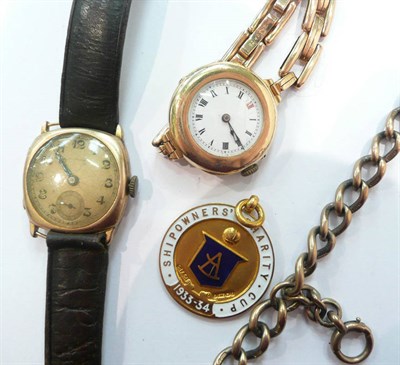 Lot 287 - 9ct gold albert chain, two wristwatches and a cased 9ct gold medallion with enamel decoration 'Ship