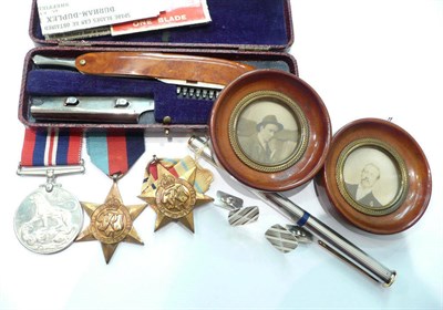 Lot 295 - Four medals, Pierre Cardin pen stamped 925, cased razor, cufflinks, pair of photographs etc