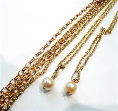 Lot 308 - Two cultured pearl pendants on 9ct gold chains, two 9ct gold chains and another chain with...