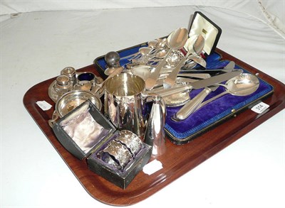 Lot 314 - Tray including pair of plated hammered serving spoons (cased) assorted silver teaspoons and...