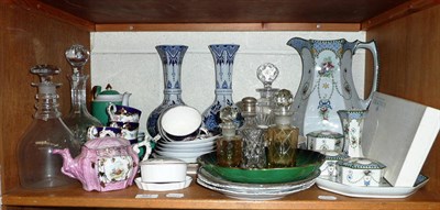 Lot 327 - A shelf of assorted decorative ceramics including pottery toilet jug, part dressing table, pair...