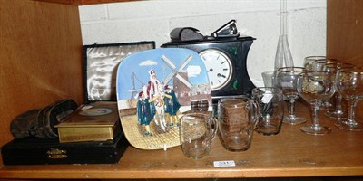 Lot 331 - Black slate mantel clock, quantity of silver and plate including a serving spoon and fork...