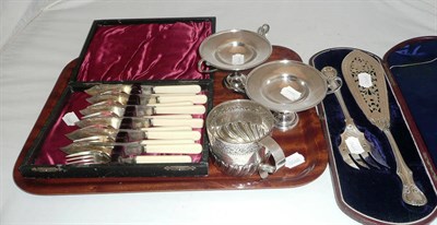 Lot 333 - Pair of small silver tazzae, Victorian silver christening mug and cased plated fish servers etc