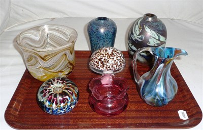 Lot 336 - Two modern signed art glass vases, glass paperweights etc