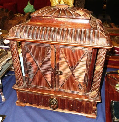 Lot 343 - 19th century leather mounted two door table cabinet enclosing four 'faux' drawers of Byrons...