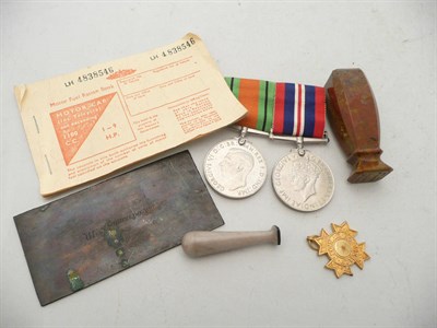 Lot 364 - Two World War II medals, gilt medallion, two seals, motor fuel ration book and small copper...