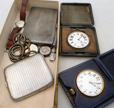 Lot 378 - Two silver cigarette cases, pocket watches, watch faces, travel clock etc