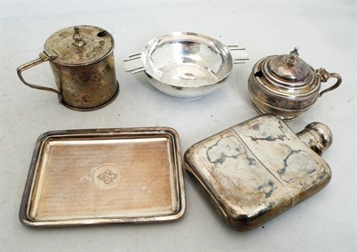 Lot 398 - Silver hip flask, small silver Mappin & Webb dish, two silver mustard pots and a small two...