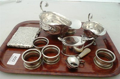 Lot 450 - Silver sauce boat, card case, serviette rings etc, weighable silver 15 oz