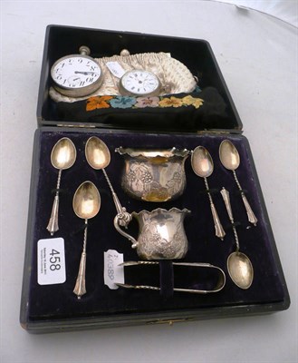 Lot 458 - Cased silver cream, sugar and teaspoon set; goliath pocket watch and a centre seconds pocket...