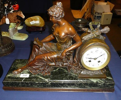 Lot 508 - A late 19th century French cold painted spelter figural mantel clock, the drum movement with...