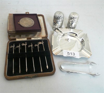 Lot 513 - Pair of silver pepperettes, cocktail sticks and sundry