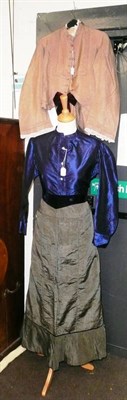 Lot 537 - Late 19th century silk two piece comprising a blue silk fitted jacket, striped skirt with blue...