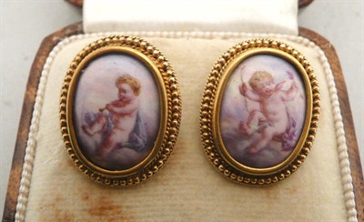 Lot 540 - A pair of porcelain painted earrings, boxed