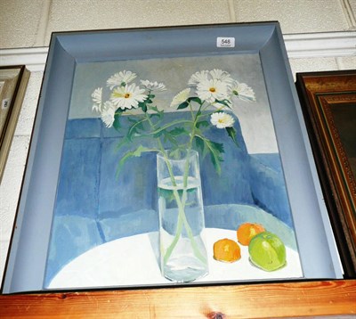 Lot 548 - Modern oil on board still life of daisies and fruit