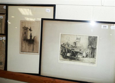 Lot 559 - Dwight case Sturges, etching entitled 'Partners' and a William Walker etching 'Piccadilly Fountain'