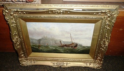 Lot 569 - English School (19th century), figures in fishing boats in a swell off a coastline, a castle on...