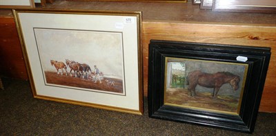 Lot 570 - A framed watercolour, cart horses in a field, signed George Soper and a framed watercolour of a bay