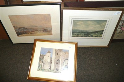 Lot 571 - A framed watercolour, continental castle scene, signed George Graham, a sketch of Wensleydale...