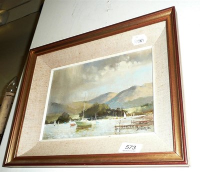 Lot 573 - Framed oil on board 'Lake Windermere' by J Peaty dated '82